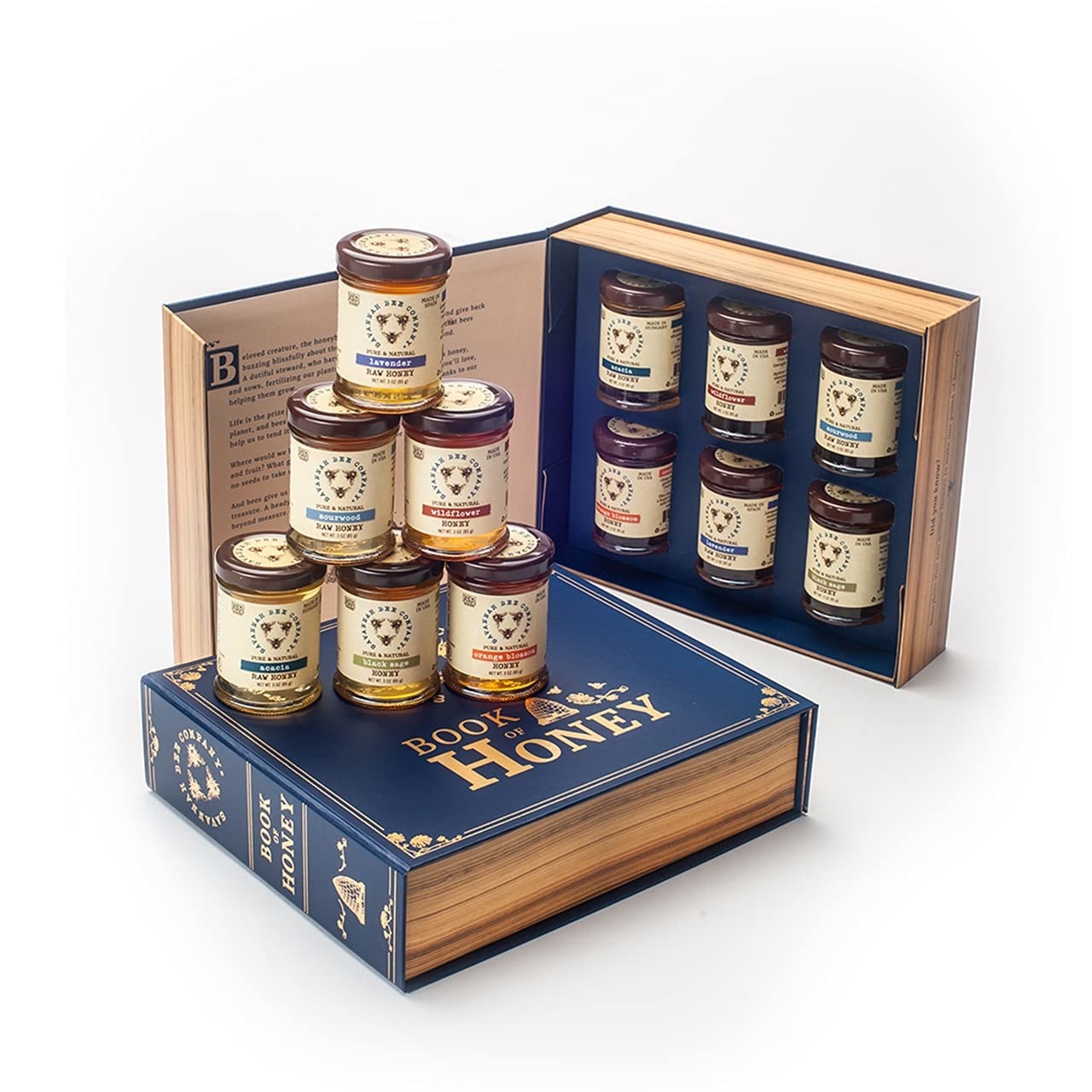 The six honey jars in a box shaped like a book