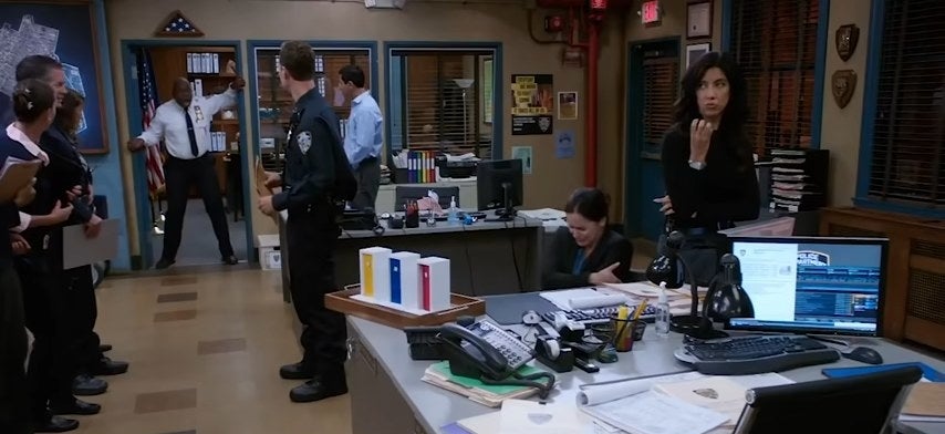Holt screaming in his office while Amy and Rosa listen in &quot;Brooklyn Nine-Nine&quot;