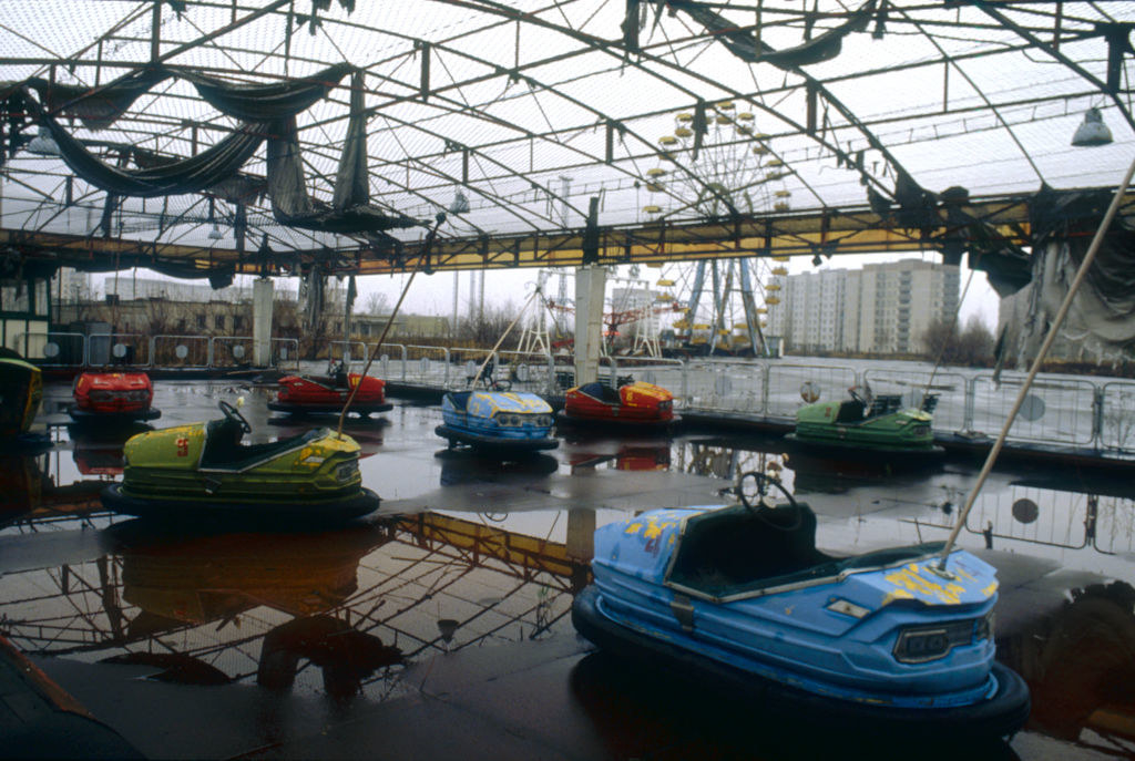 bumper cars in the skeletal remaining structure of the park