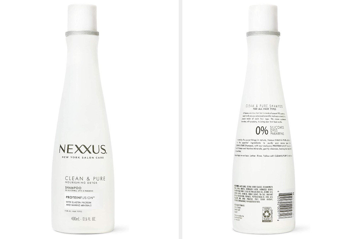 Front and back of the Nexxus shampoo bottle