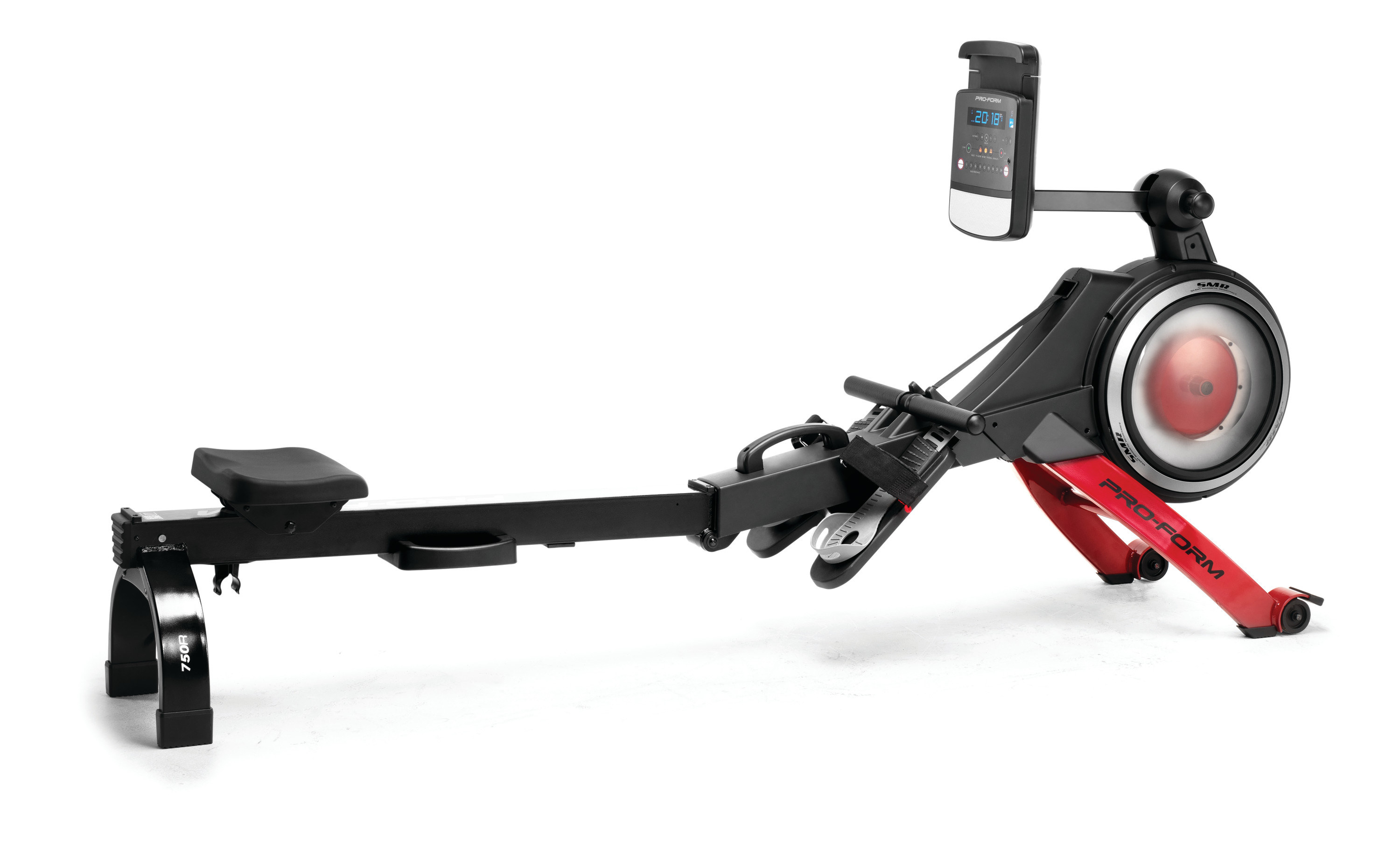 Product image of black and red rowing machine against white background