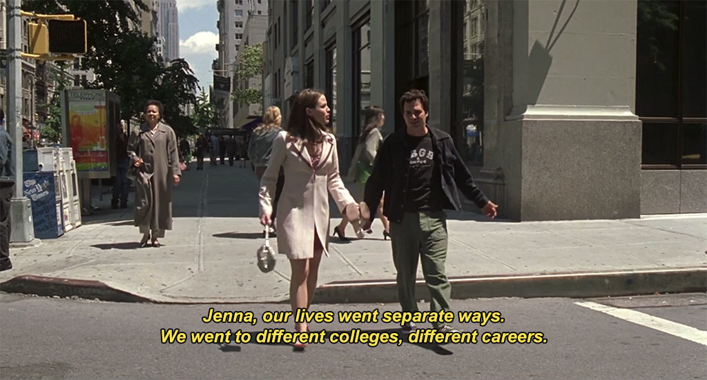 Jennifer Garner as Jenna and Mark Ruffalo as Matty walk-and-talk in New York City in &quot;13 Going on 30&quot;