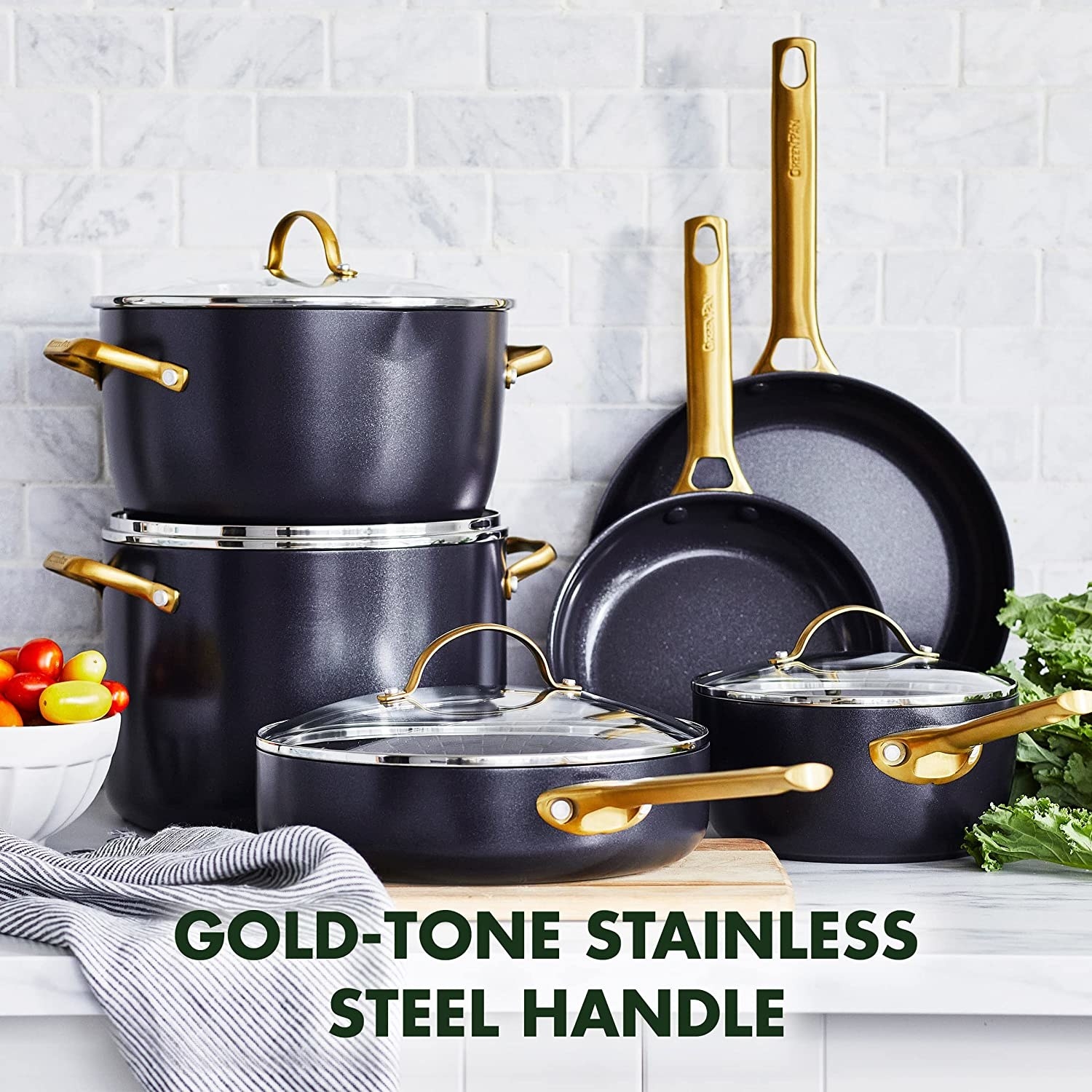 The set with gold-tone stainless steel handles