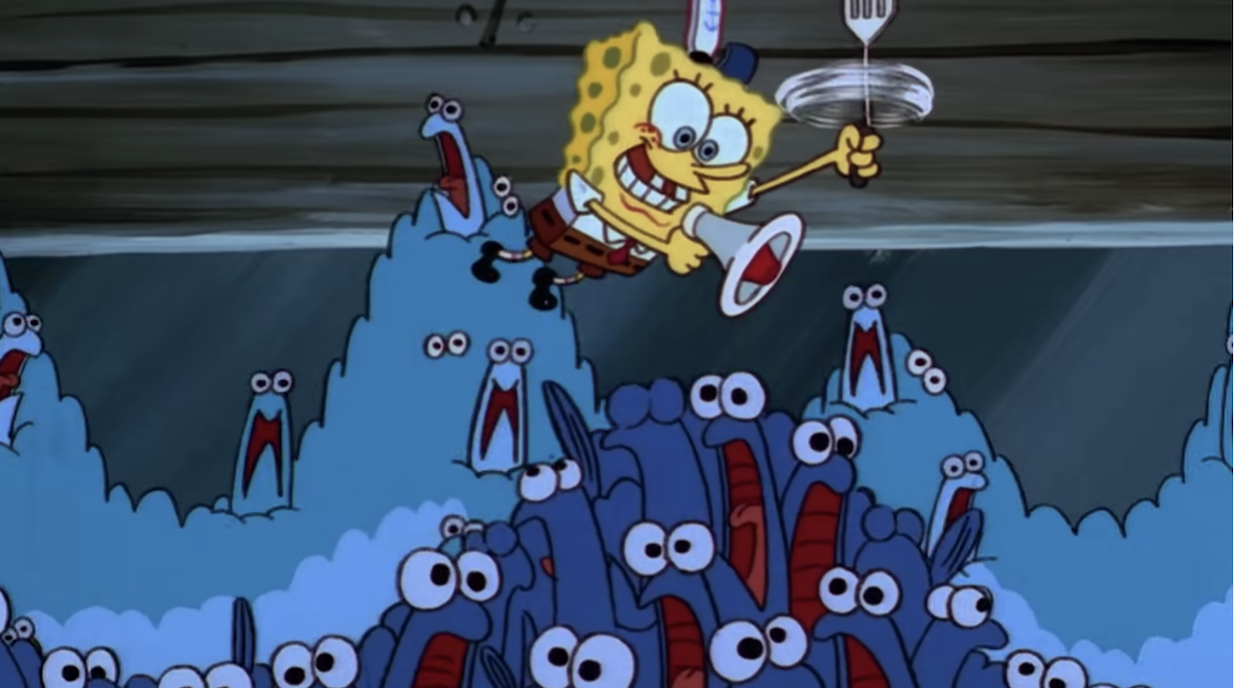 SpongeBob hovering above hordes of hungry people