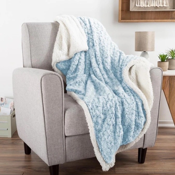 plush looking blanket thrown on an arm chair