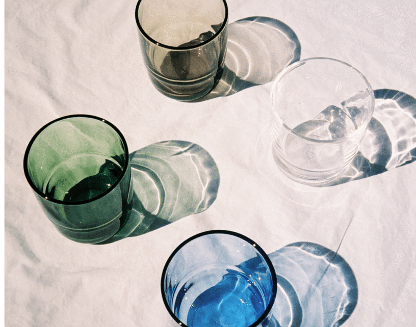 blue, white, grey, and green short drinking glasses