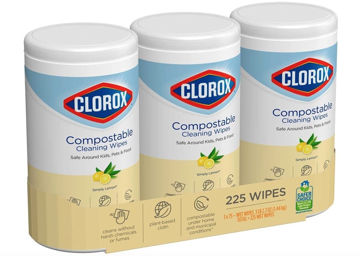 A set of three compostable cleaning wipes from Clorox