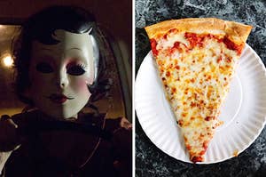 the strangers on the left and a slice of cheese pizza on a paper plate on the right