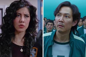 On the left, Rosa from Brooklyn Nine-Nine, and on the right 456 from Squid Game