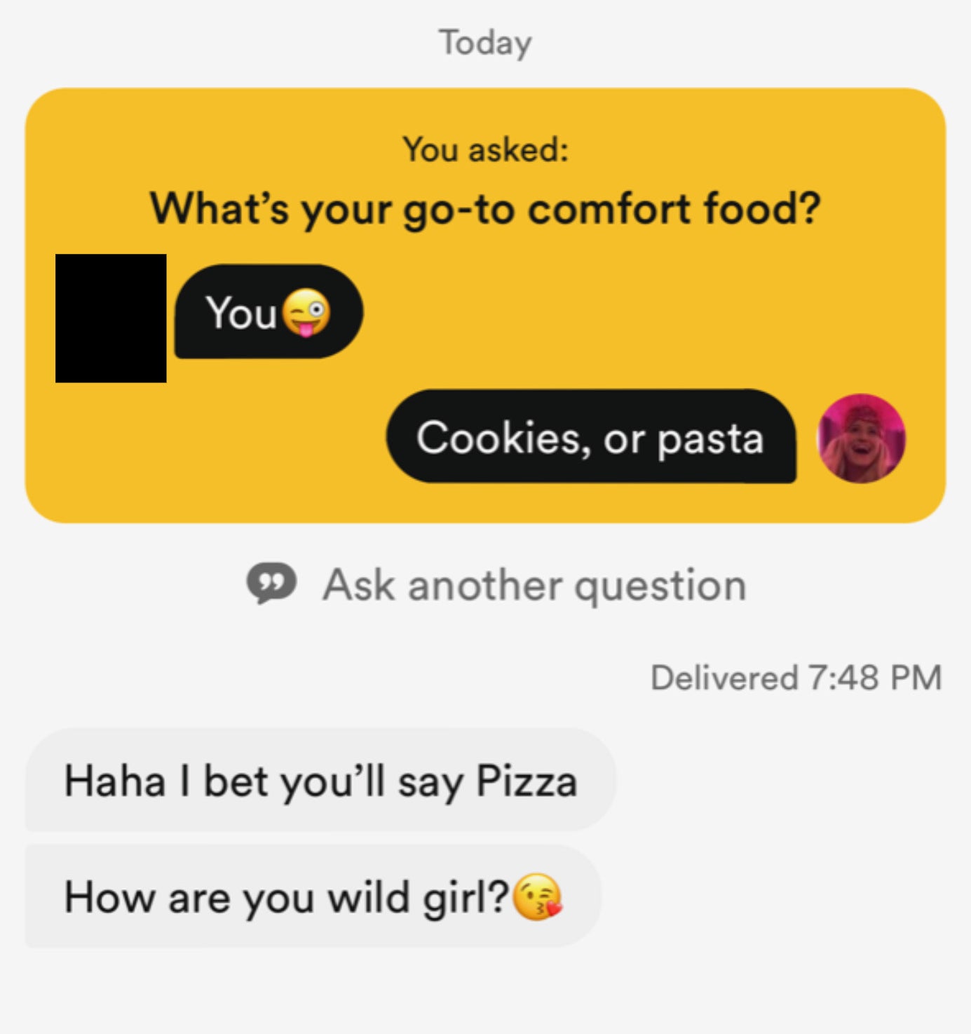 text screenshot where a man tells a woman she is his comfort food, then says &quot;How are you wild girl?&quot;