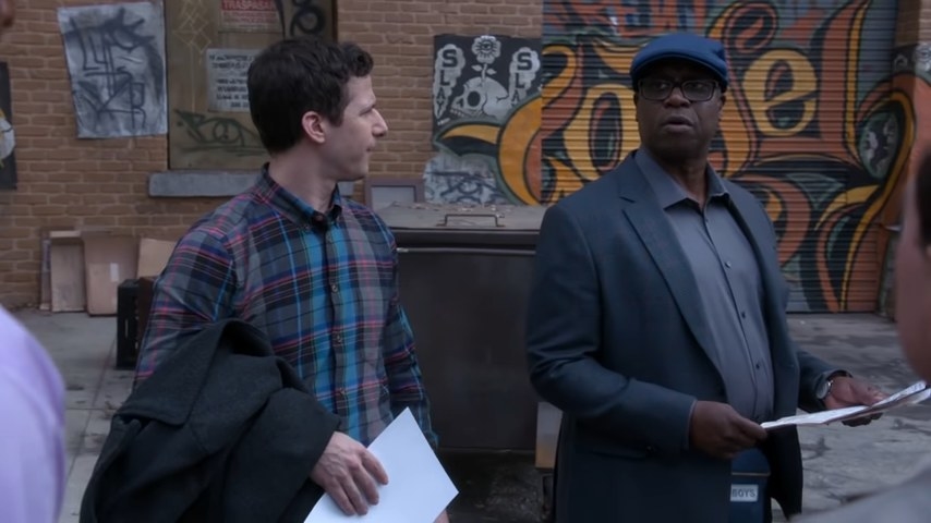 Holt standing with Jake and Terry, talking, in &quot;Brooklyn Nine-Nine&quot;