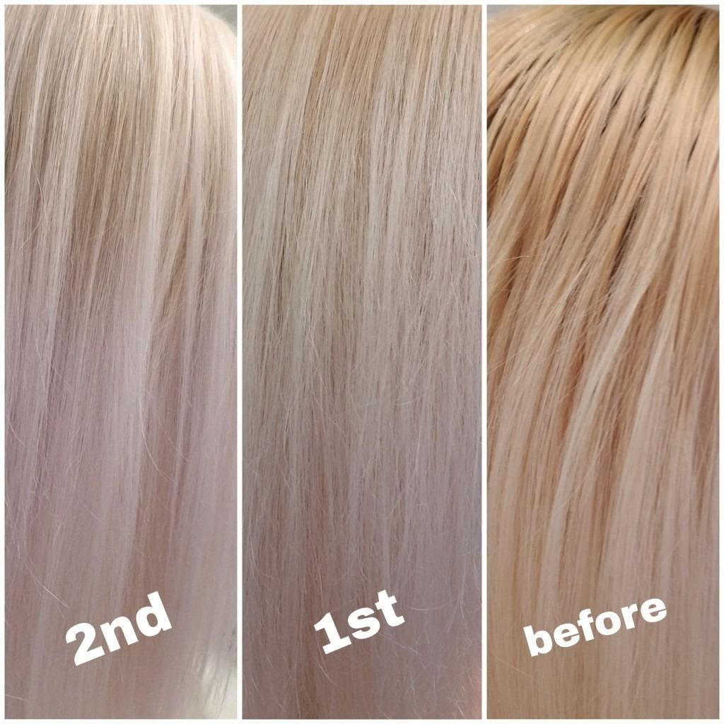 reviewer photo showing their brassy hair on the right, and then their hair looking perfectly platinum on the left