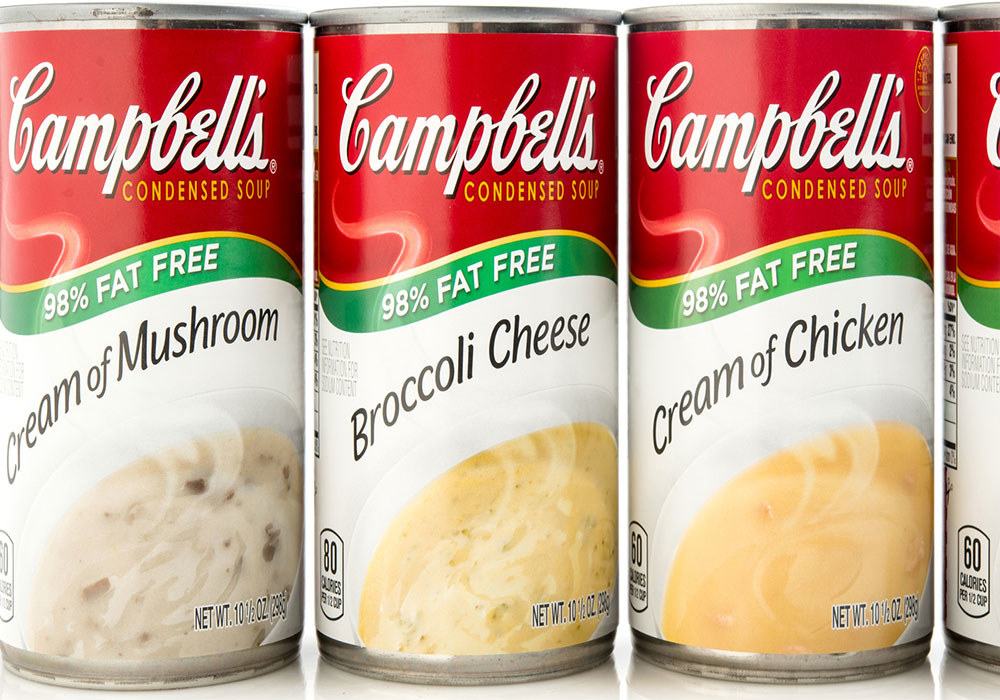 Three cans of Campbell&#x27;s soup.