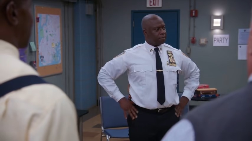 Holt talking to Terry, Amy, Hitchcock, and Scully in &quot;Brooklyn Nine-Nine&quot;