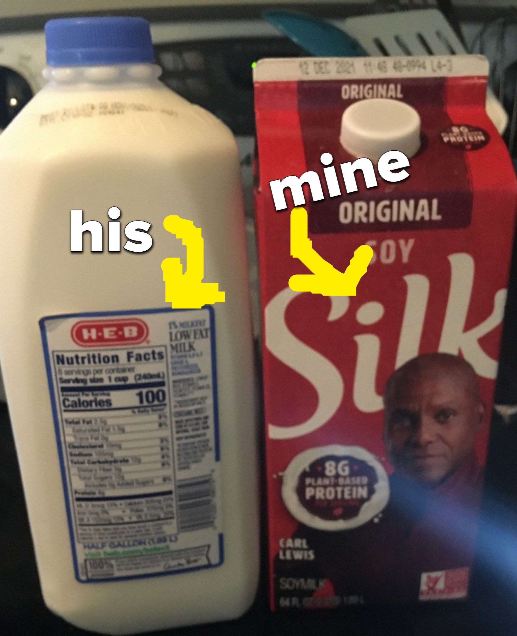 On the left: a gallon of 2% milk. On the left: Silk soy milk