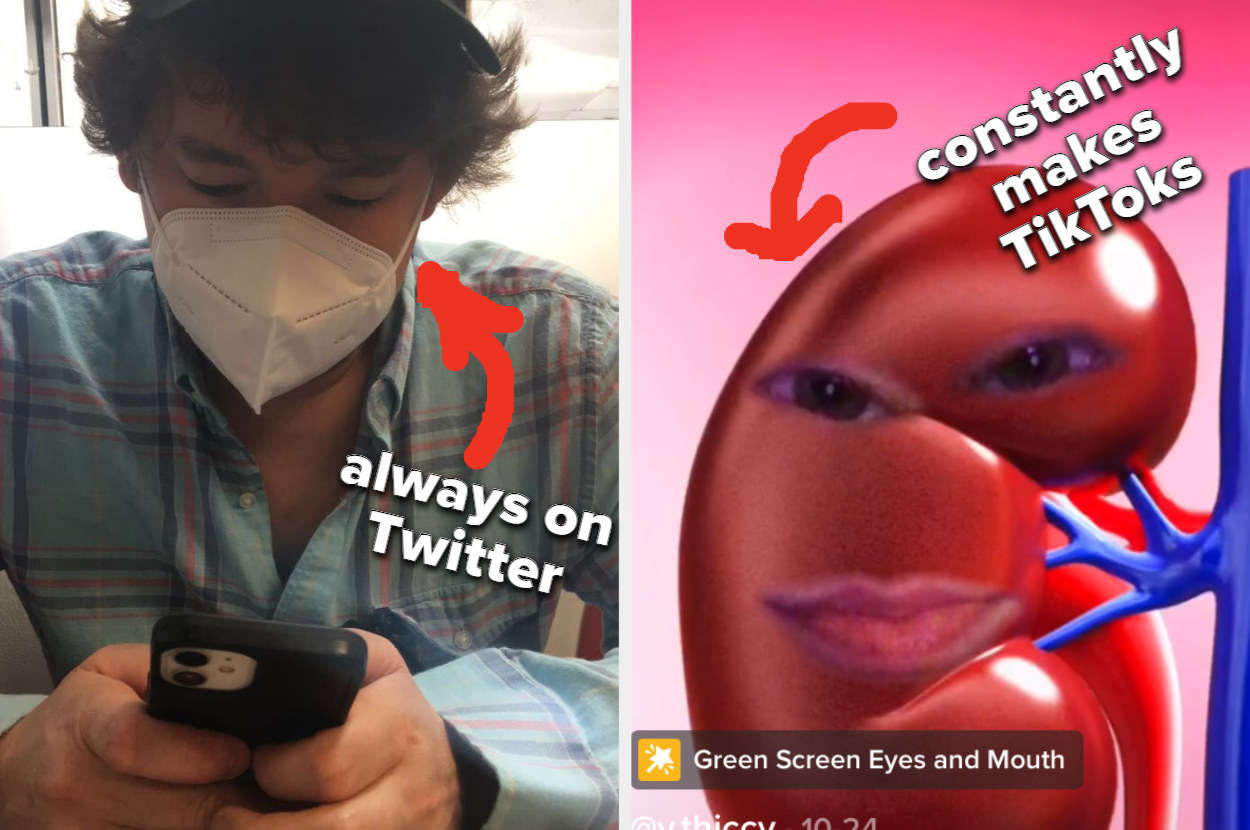 On the left: guy texting on his phone. On the right: TikTok screenshot of a face on a kidney graphic