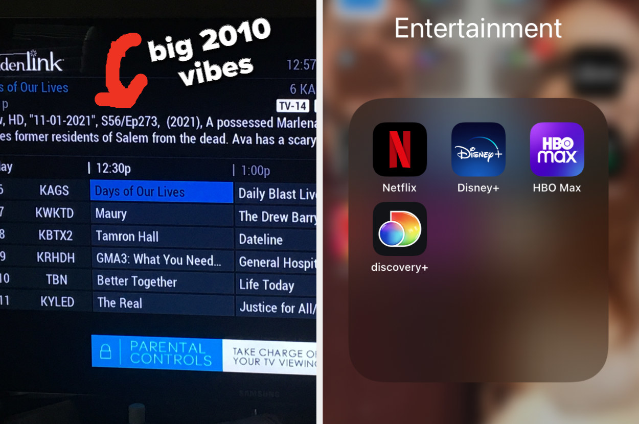 On the left: the TV guide from cable on a TV screen. On the right: a screenshot of streaming apps.