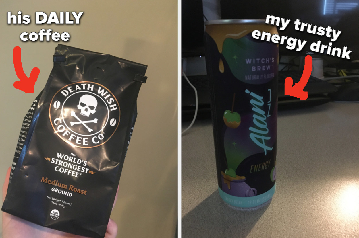 左边:死亡希望咖啡公司品牌咖啡粉。右边:能量饮料。
