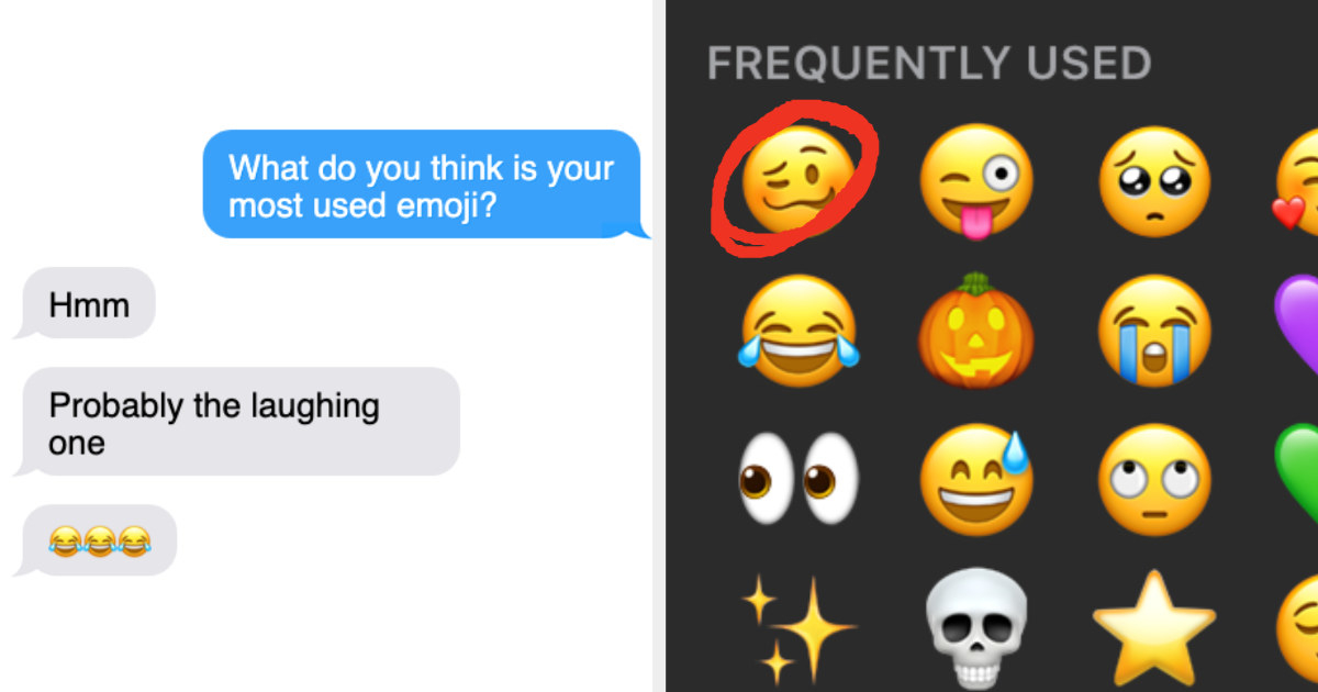 On the left: text messages showing the crying laughing emoji. On the right: the woozy face emoji circled.