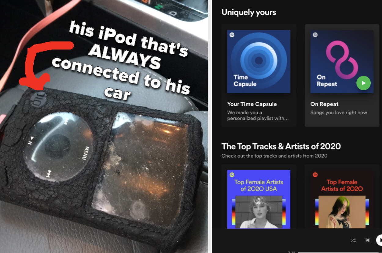 On the left: an iPod connected by aux into a car. On the right: a screenshot of a music streaming app.