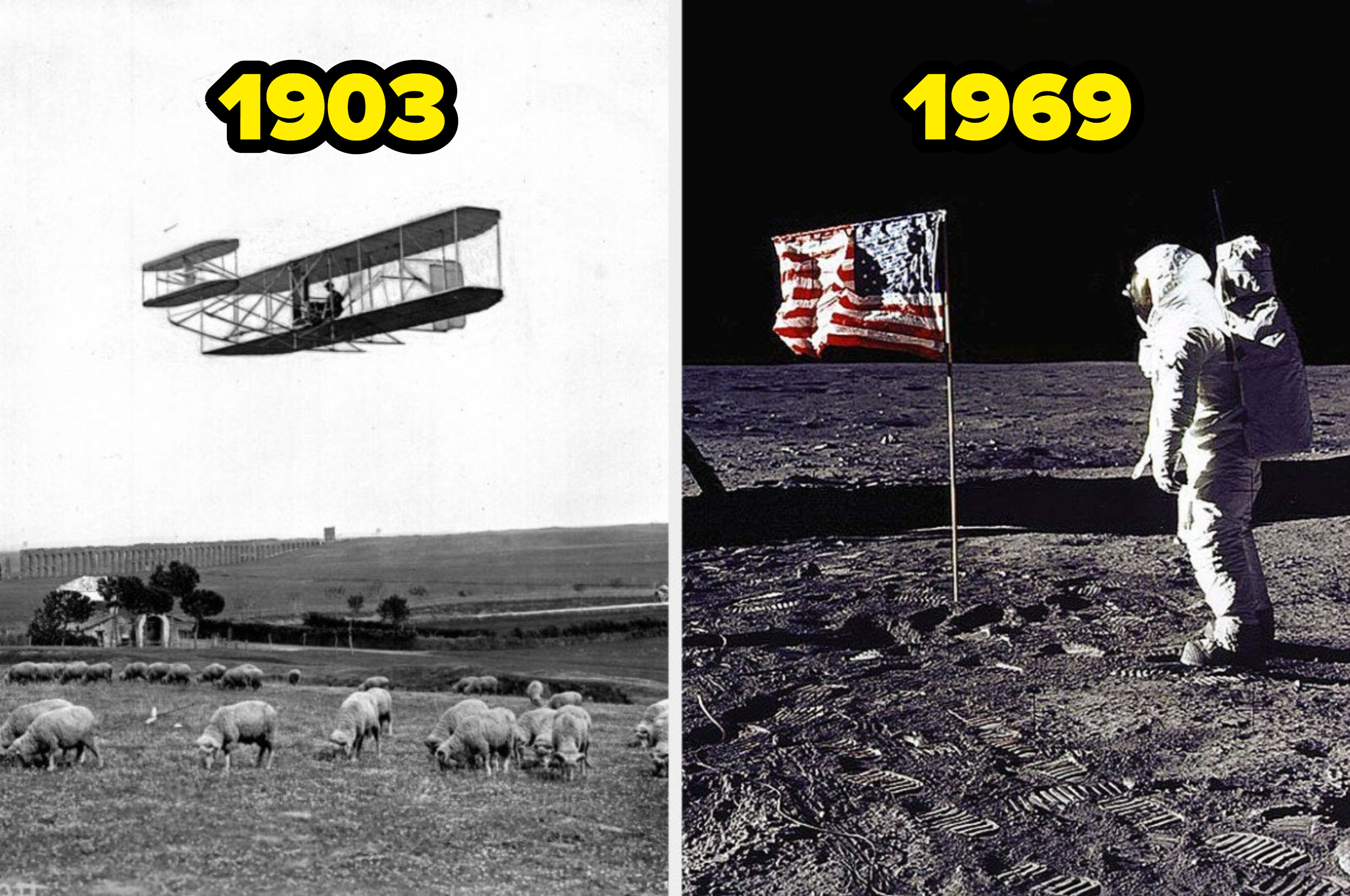 One of the first planes flying and Buzz Aldrin on the moon