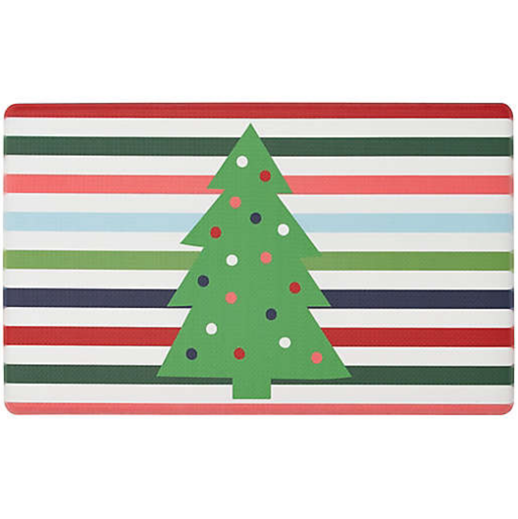 Striped kitchen mat with Christmas tree on it