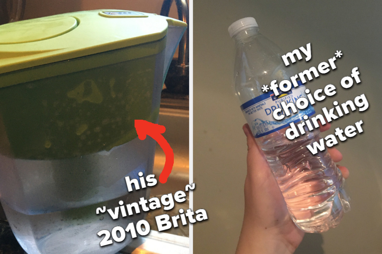 On the left: a Brita filtered water pitcher. On the right: a hand holding a bottle of water.