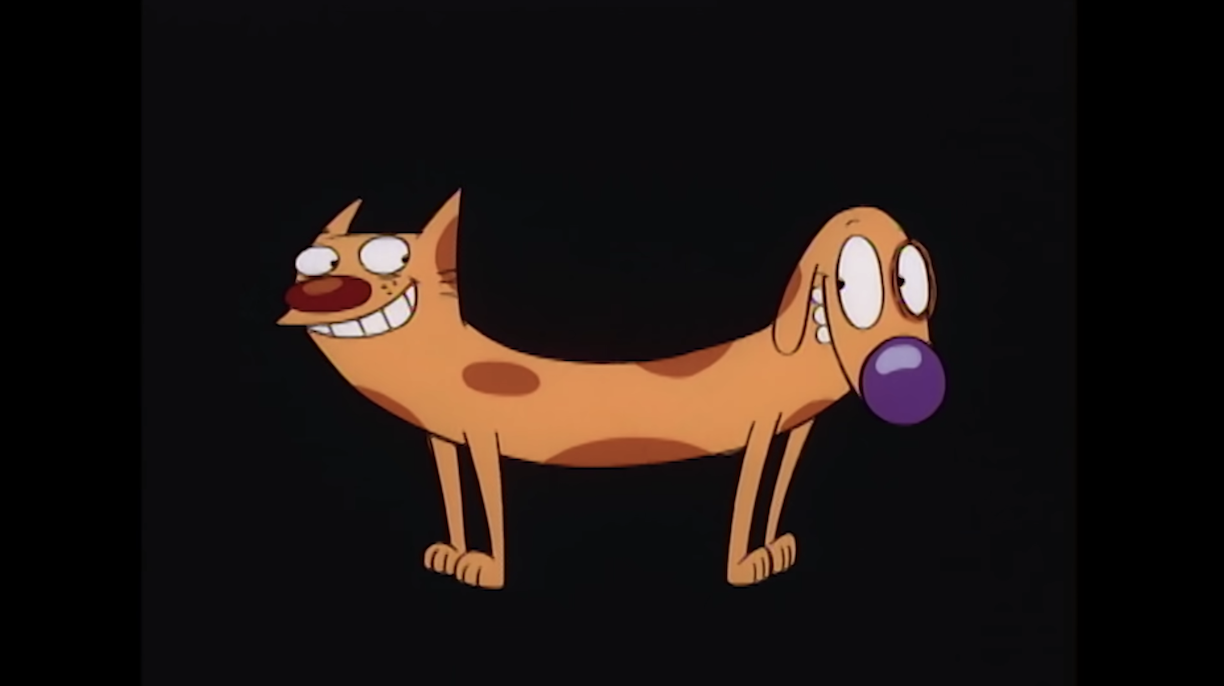 A picture of CatDog, a dog and a cat who are connected in the middle