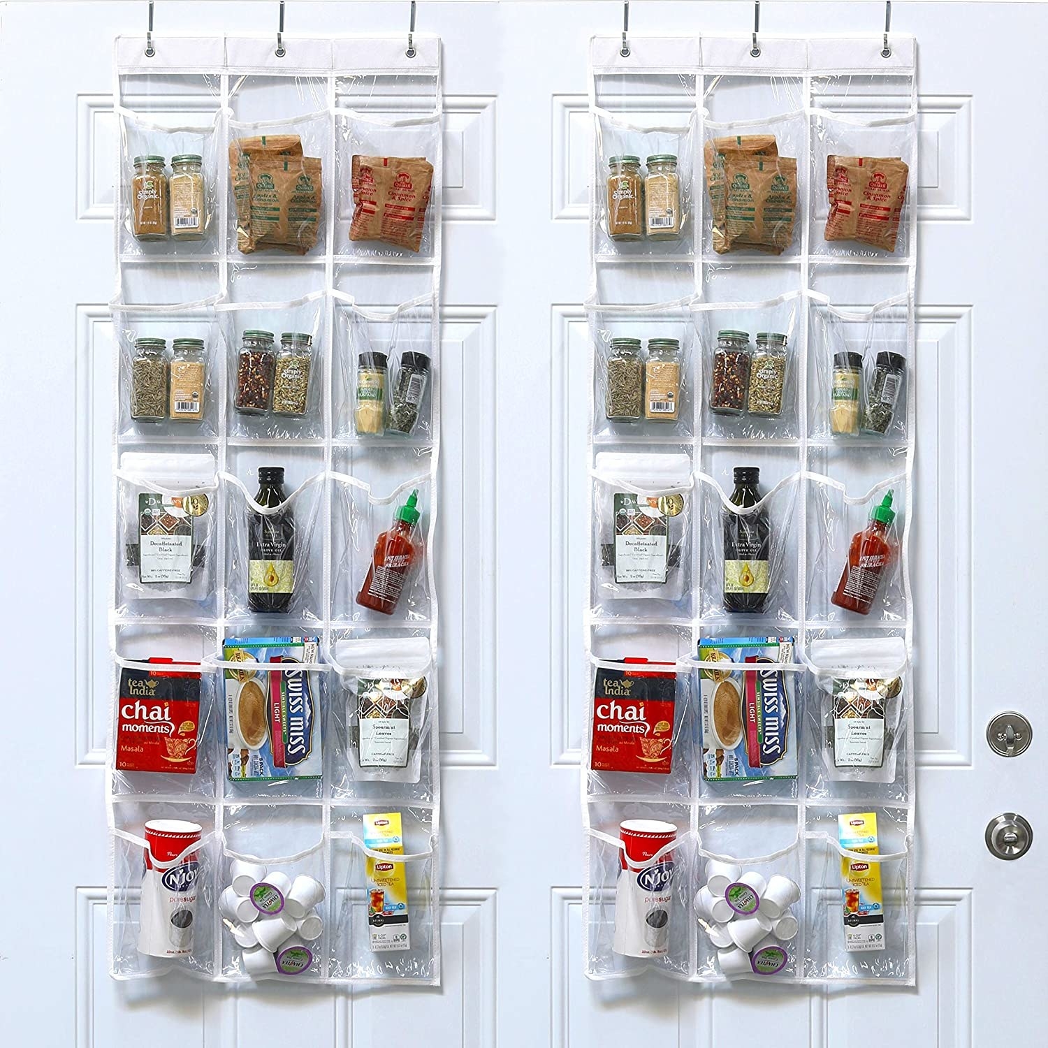 two transparent organizers hung on the door of a pantry; canned goods, spices, and other dry goods are visible in the pockets