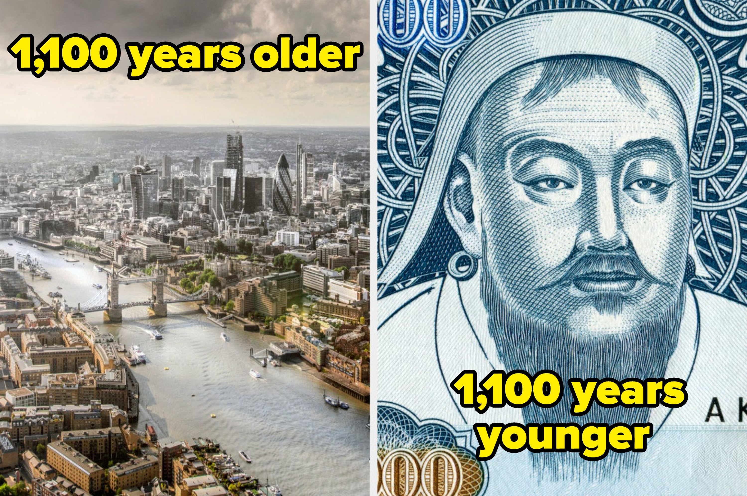 London and Genghis Khan on a Mongolian 1,000 Togrog banknote