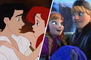 Prince Eric and Princess Ariel stare into each other's eyes and Kristoff holds Princess Anna in a cradle