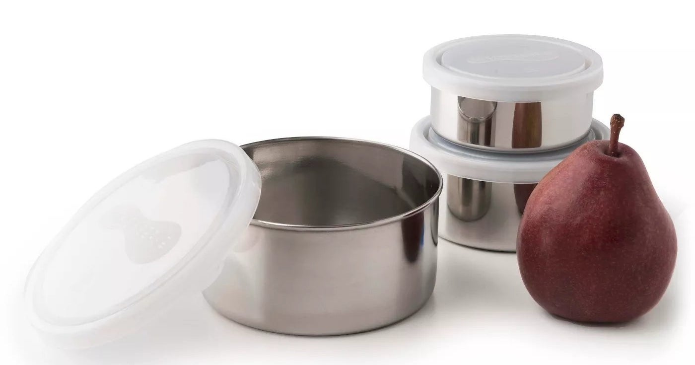 The stainless steel containers with clear plastic lids