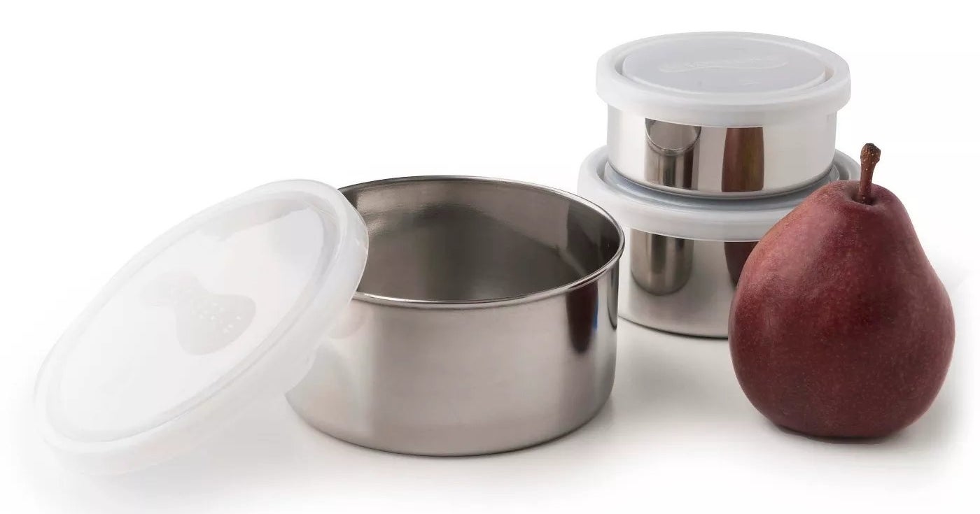 The stainless steel containers with clear plastic lids