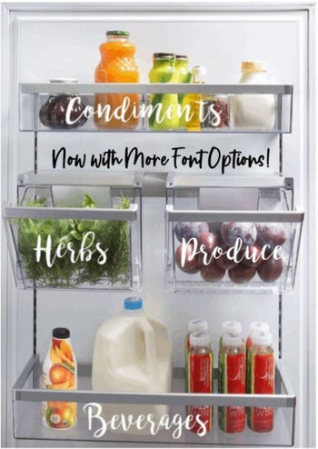 fridge door with bins labeled condiments, herbs, produce, and beverages in a white cursive font