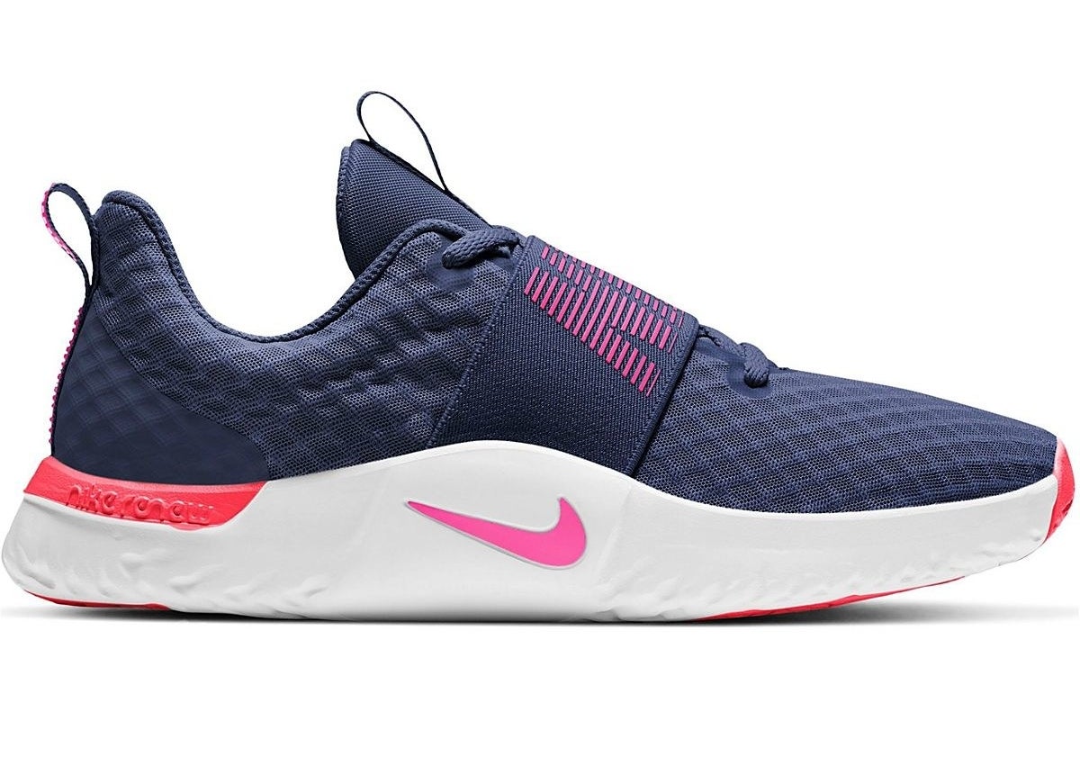 navy blue Nike training sneakers with slide-on design and pink logo