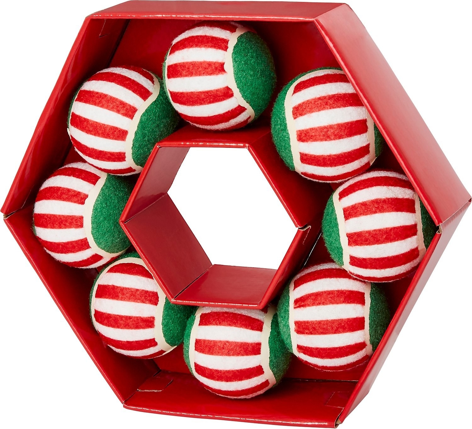 Eight tennis balls set in a cardboard wreath.