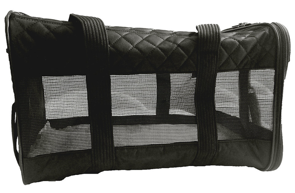 The carrier in a black quilted pattern and mesh sides