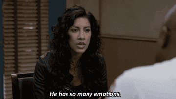 Rosa Diaz saying &quot;He has so many emotions&quot; She has an angry face and is rolling her eyes. A backshot of Captain Raymond Holt can also be seen