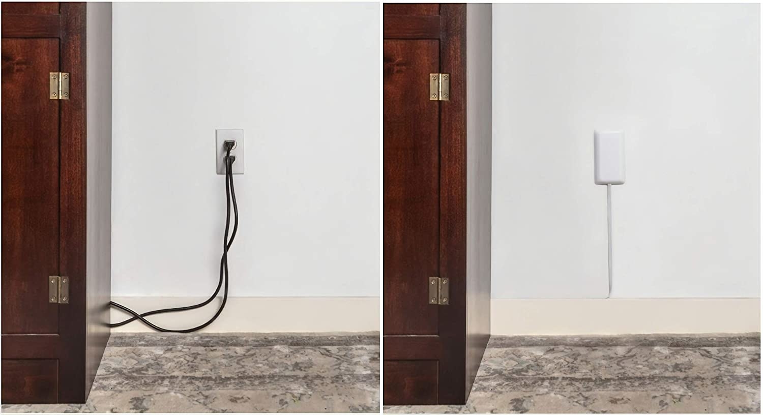 a before and after photo where the after shows a sleek plug that is nearly invisible under the outlet cover
