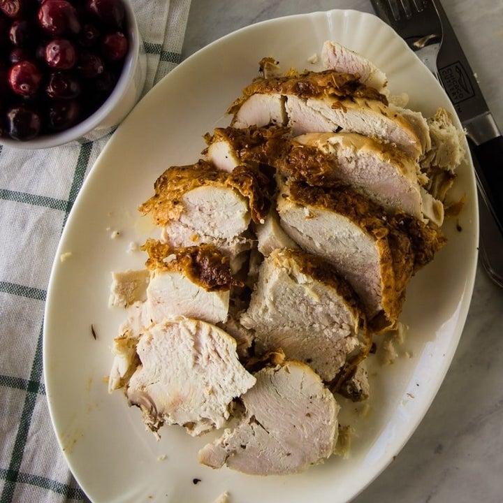 Sliced air fryer turkey breast.