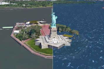 The Statue of Liberty now vs. if the planet warms 3ºC and sea levels rise