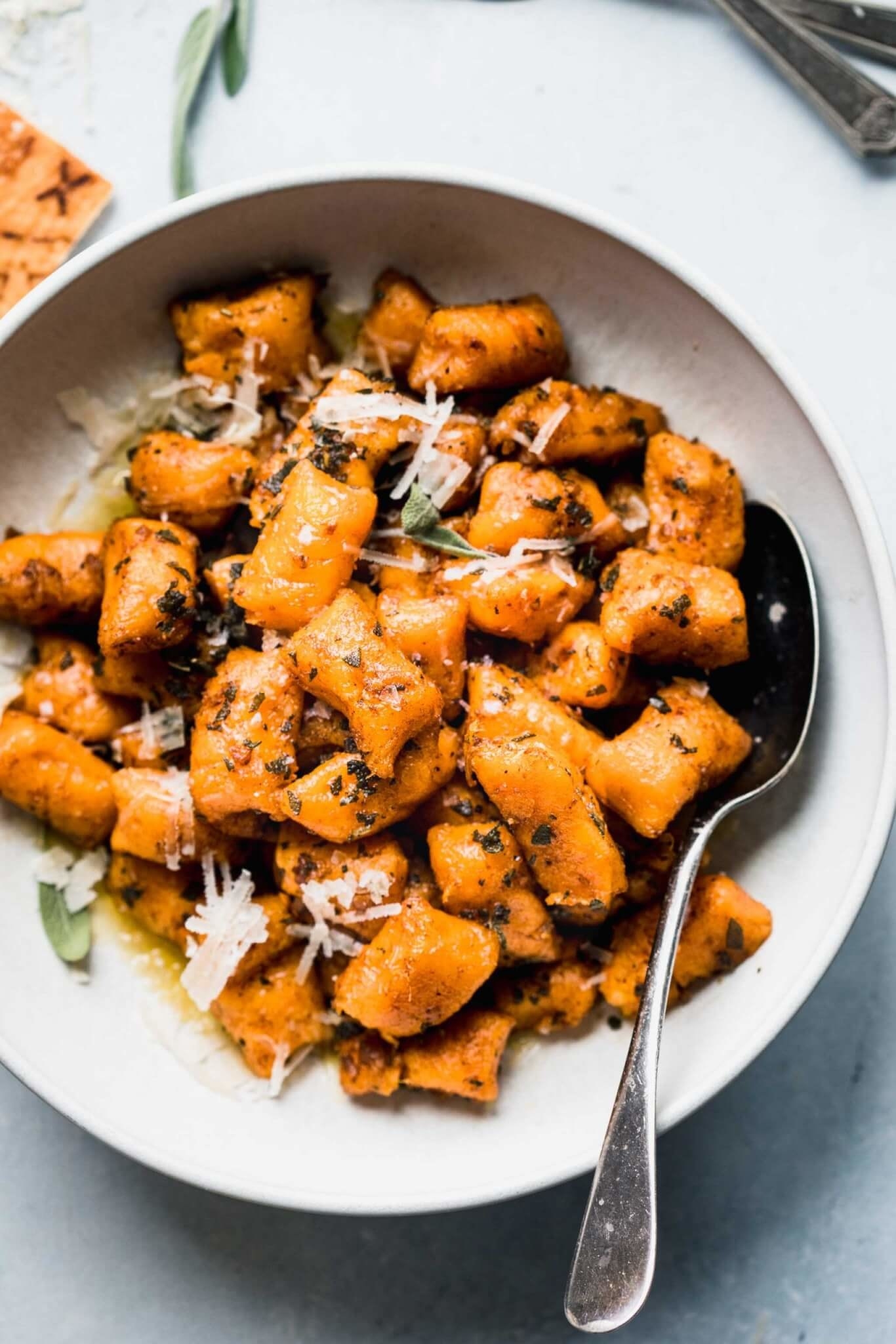 Buttery sweet potato gnocchi in a bowl.
