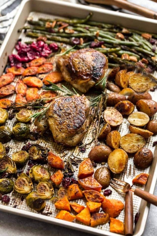 Turkey and Thanksgiving sides on a single sheet pan.