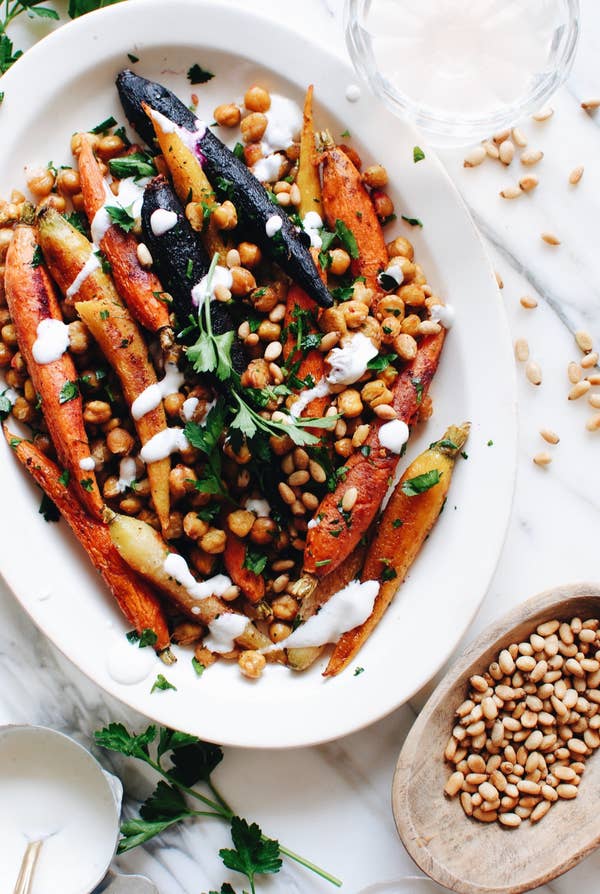 Roasted carrots and chickpeas with yogurt drizzle.