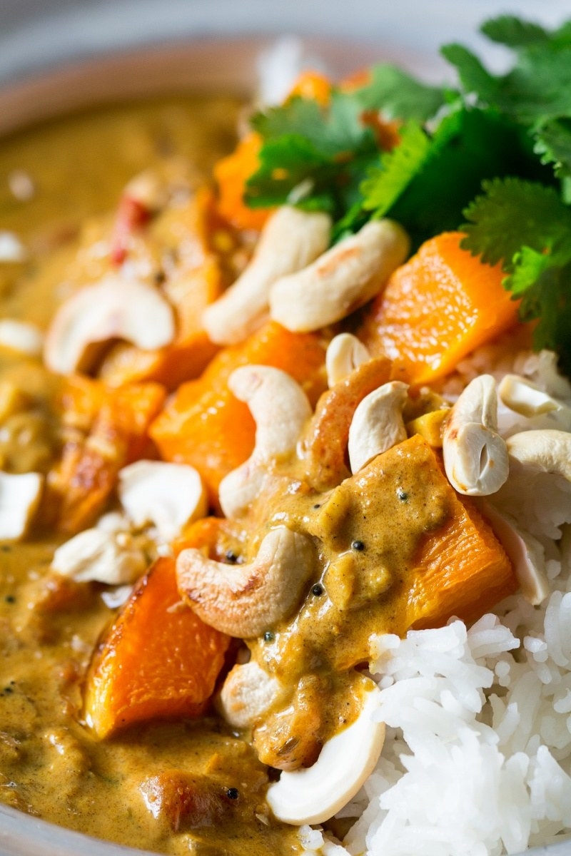 A close-up of pumpkin coconut curry.