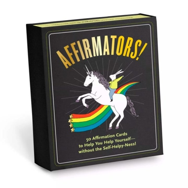 The Affirmators! deck with a unicorn and the details "50 Affirmation cards to help you help yourself -without the self-helpy-ness!