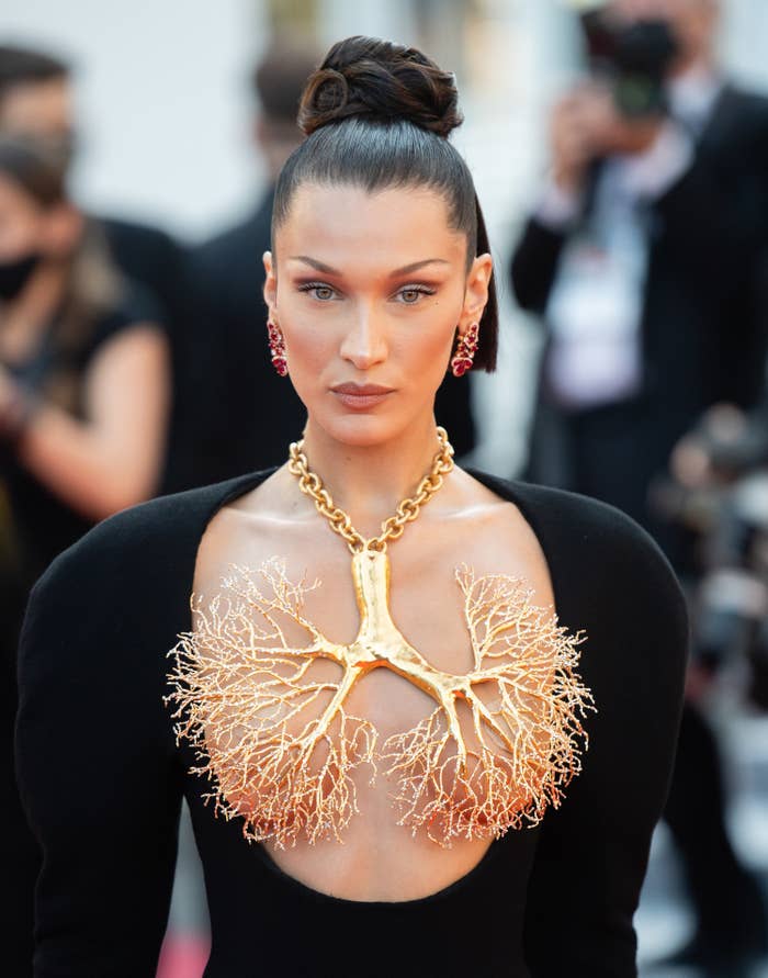 Bella Hadid poses for a photo while wearing a golden lung necklace