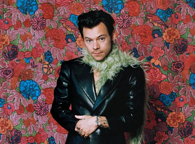 Harry Styles wearing a fluffy green scarf in front of a floral wallpaper