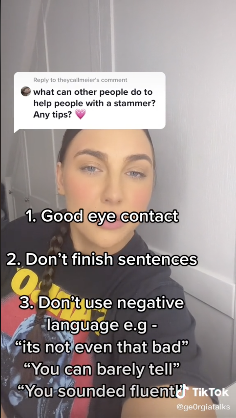 Georgia says good eye contact, not finishing the person&#x27;s sentences, and avoiding negative language helps