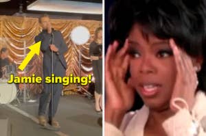 Jamie singing on stage and meme of oprah looking surprised